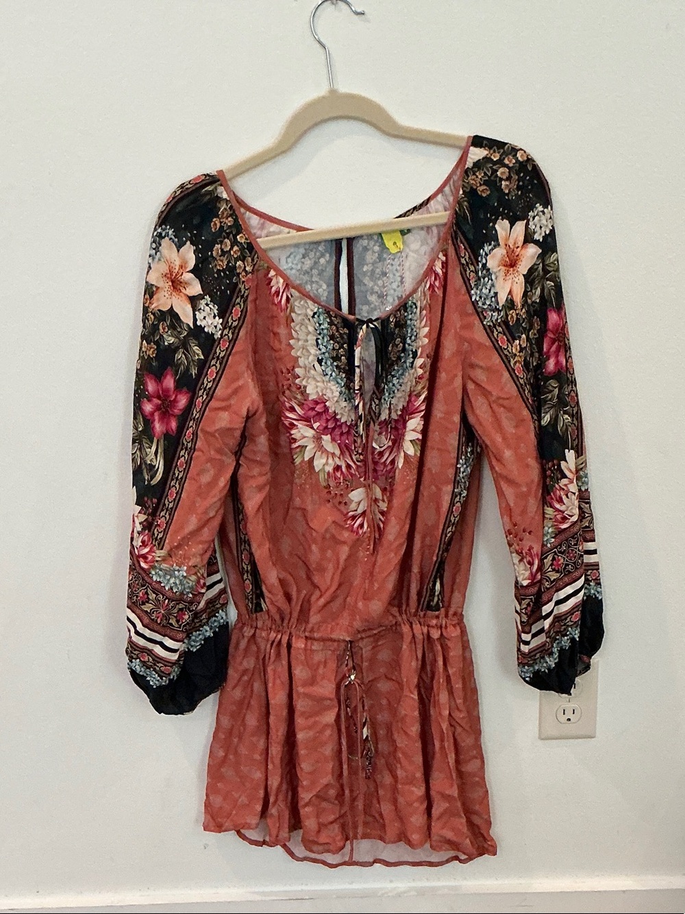 FARM Rio Rust and dark green Floral Long-Sleeve Boho Dress
